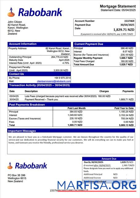 Blank New Zealand Rabobank mortgage statement Word and PDF template